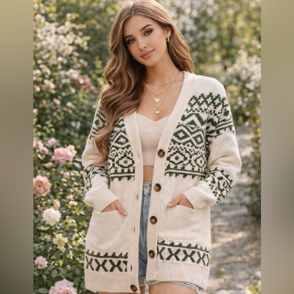 Brunette The Label Sweaters - NWT Brunette the Label Fair Isle Cardigan – Cream & Olive  Medium Canadian Brand